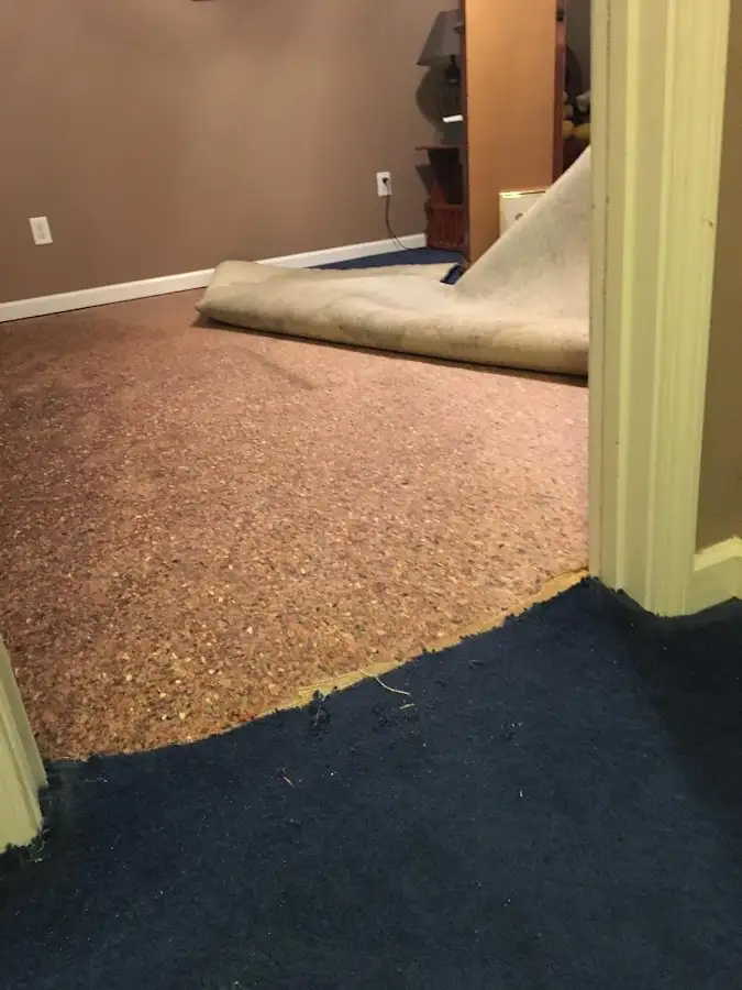 Carpet pad removal revealing water damage during Drying & Dehumidification in New London